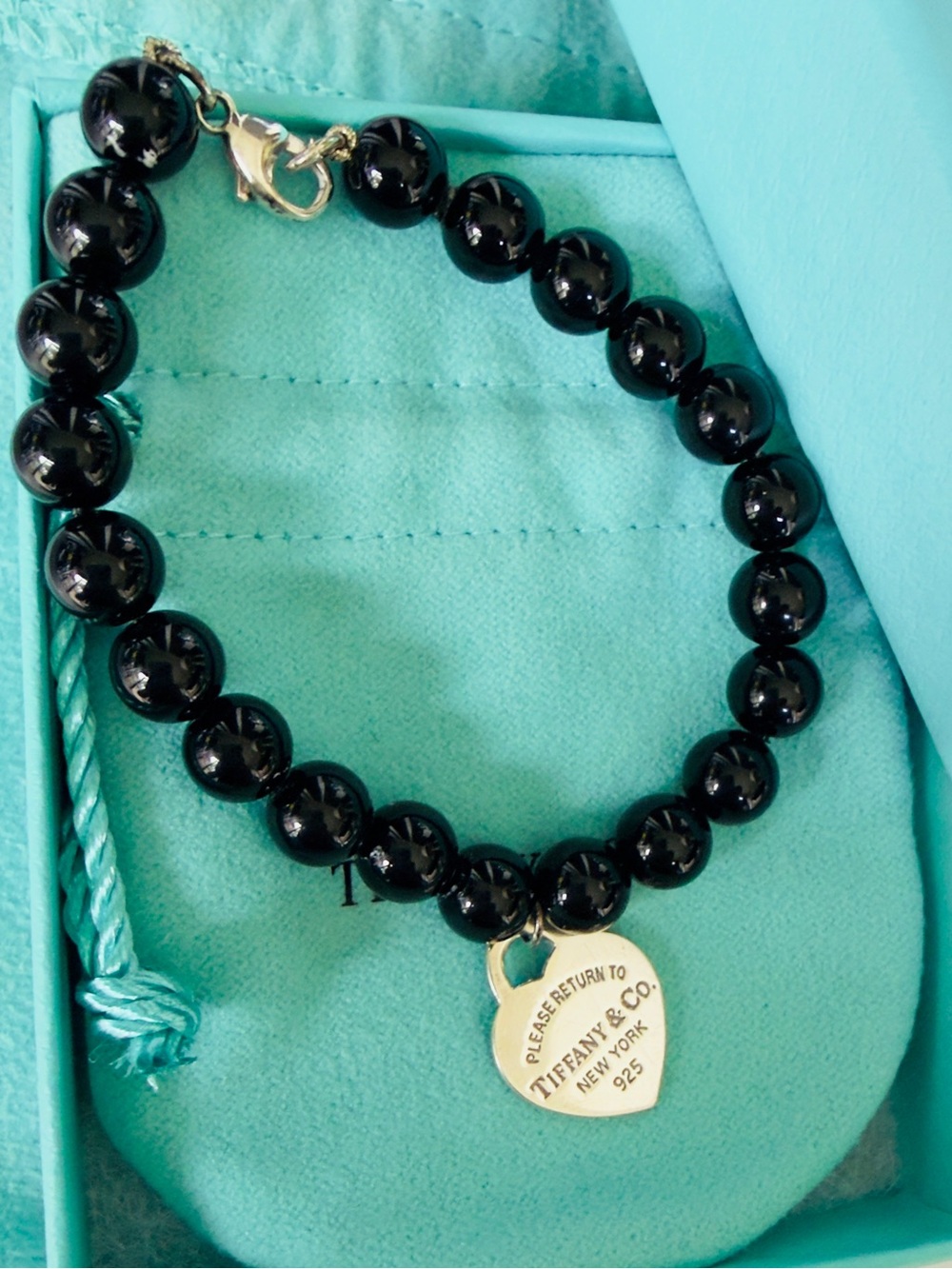 Return To Tiffany & Co. Black Onyx 8mm Bead Ball Silver Heart Tag 7.3” Bracelet